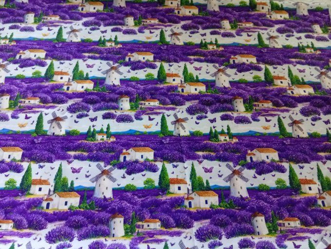 Coupon de tissu imprimé polyester souple et doux motifs champs lavande moulins top qualité