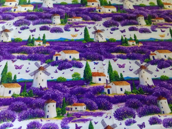 Coupon de tissu imprimé polyester souple et doux motifs champs lavande moulins top qualité