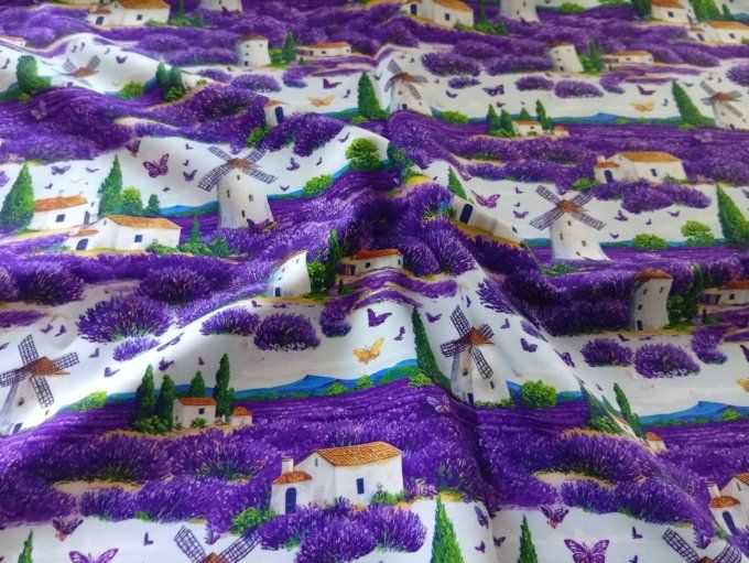 Coupon de tissu imprimé polyester souple et doux motifs champs lavande moulins top qualité
