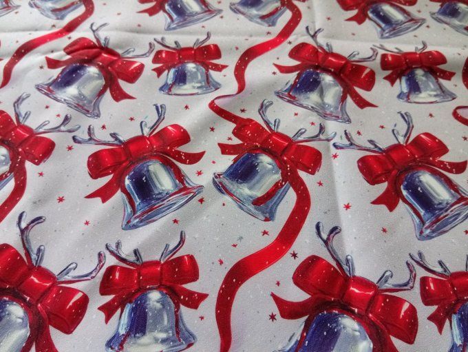 Coupon de tissu imprimé polyester souple et doux motifs cloches Noël ruban top qualité