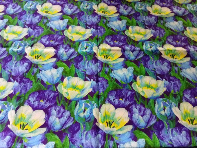Coupon de tissu imprimé polyester souple et doux motifs fleurs bleues top qualité