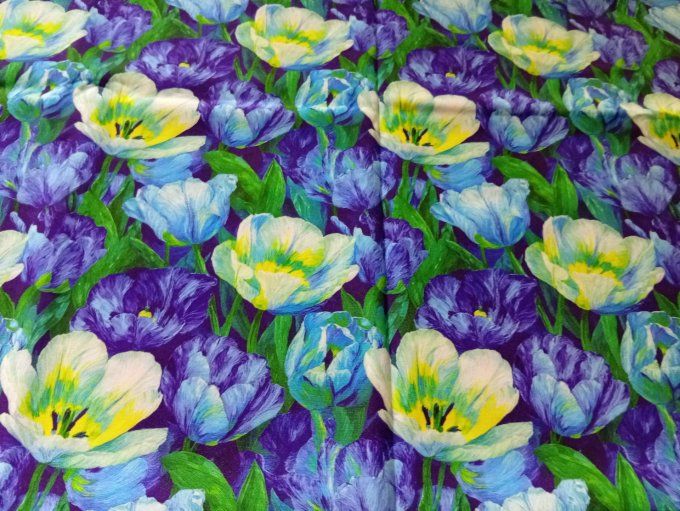 Coupon de tissu imprimé polyester souple et doux motifs fleurs bleues top qualité