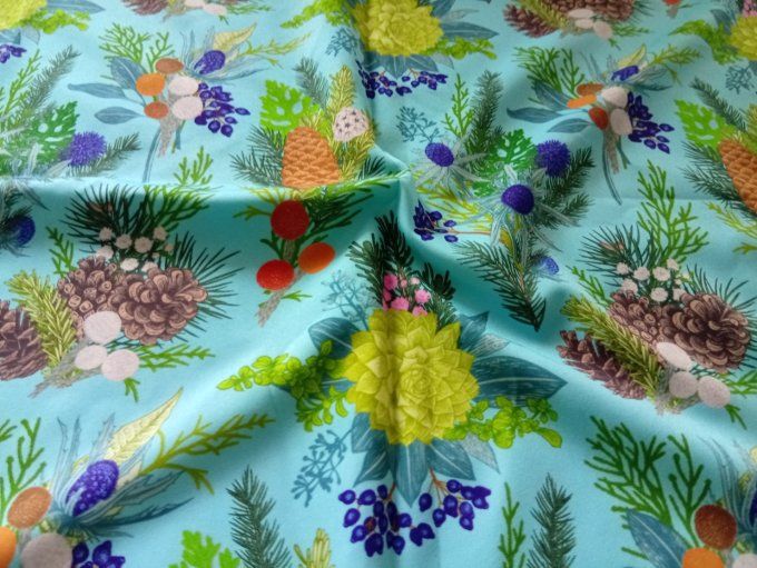 Coupon de tissu imprimé polyester souple et doux motifs pommes de pin nature top qualité