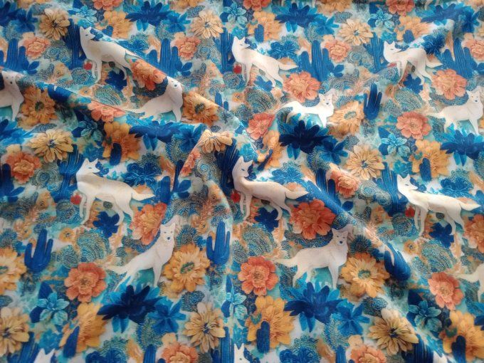 Coupon de tissu imprimé polyester souple et doux motifs renards blancs animaux fleurs top qualité