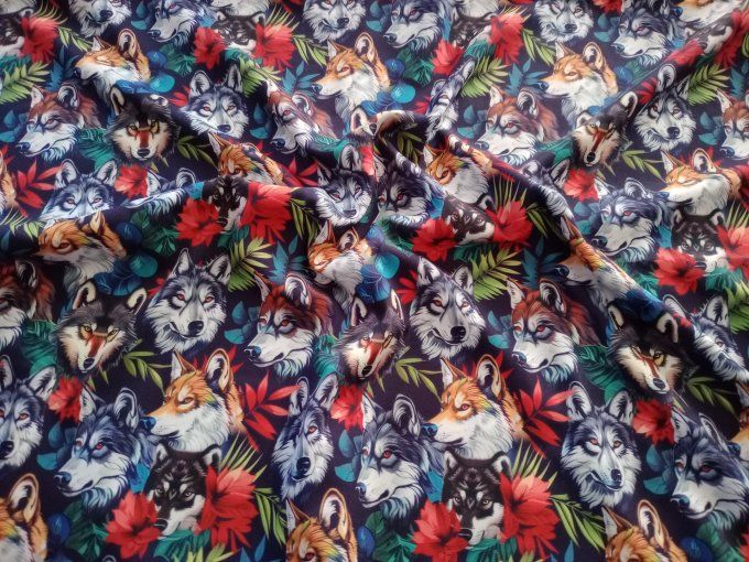 Coupon de tissu imprimé polyester souple et doux motifs loups animaux top qualité