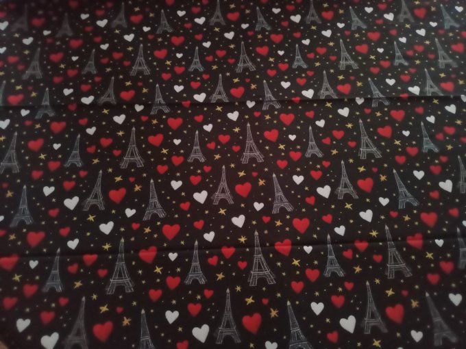 Coupon de tissu imprimé polyester souple et doux motifs Paris coeurs top qualité