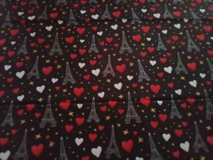 Coupon de tissu imprimé polyester souple et doux motifs Paris coeurs top qualité 