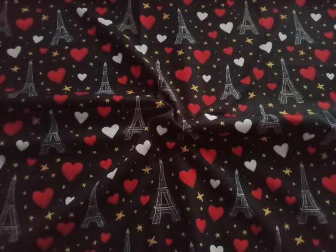 Coupon de tissu imprimé polyester souple et doux motifs Paris coeurs top qualité 