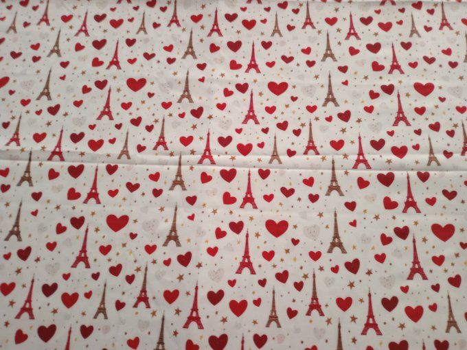 Coupon de tissu imprimé polyester souple et doux motifs Paris coeurs rouges top qualité