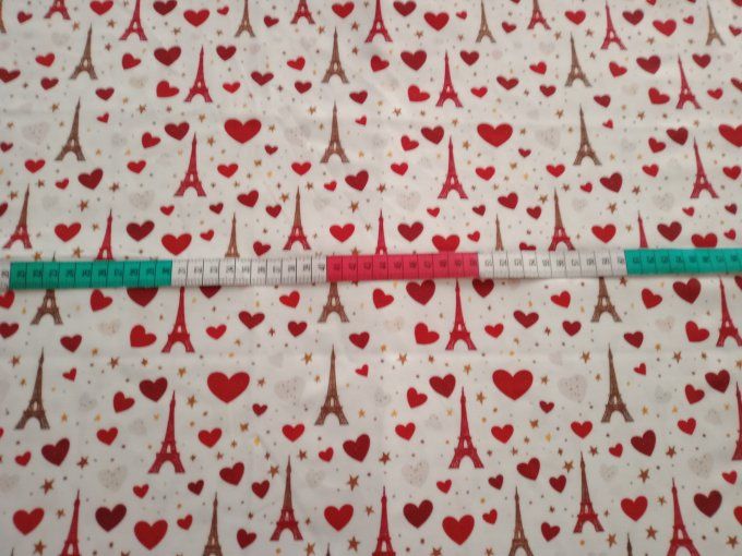 Coupon de tissu imprimé polyester souple et doux motifs Paris coeurs rouges top qualité