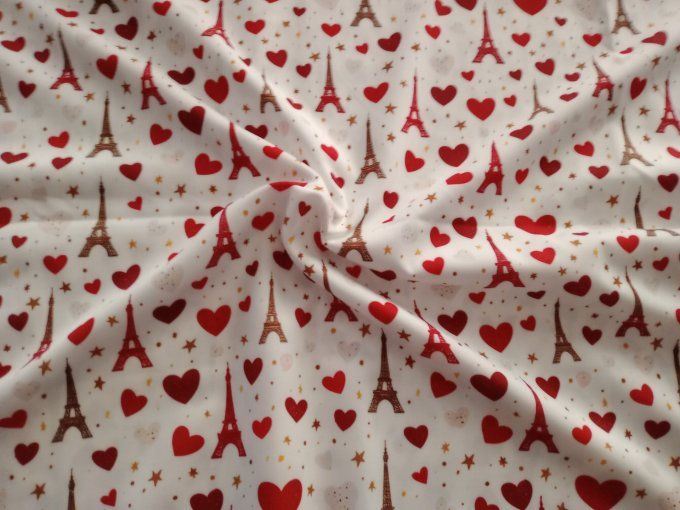 Coupon de tissu imprimé polyester souple et doux motifs Paris coeurs rouges top qualité