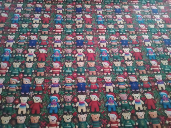 Coupon de tissu imprimé polyester souple et doux motifs oursons multicolores de Noel top qualité