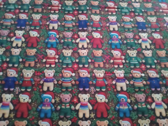 Coupon de tissu imprimé polyester souple et doux motifs oursons multicolores de Noel top qualité