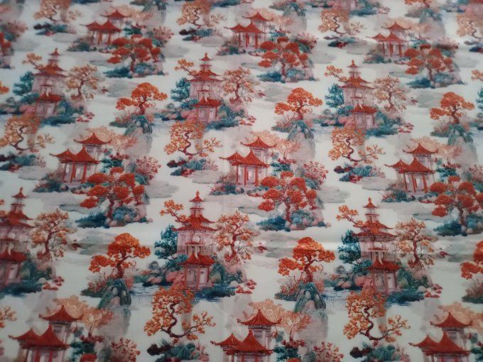 Coupon de tissu imprimé polyester souple et doux motifs paysages asiatiques top qualité
