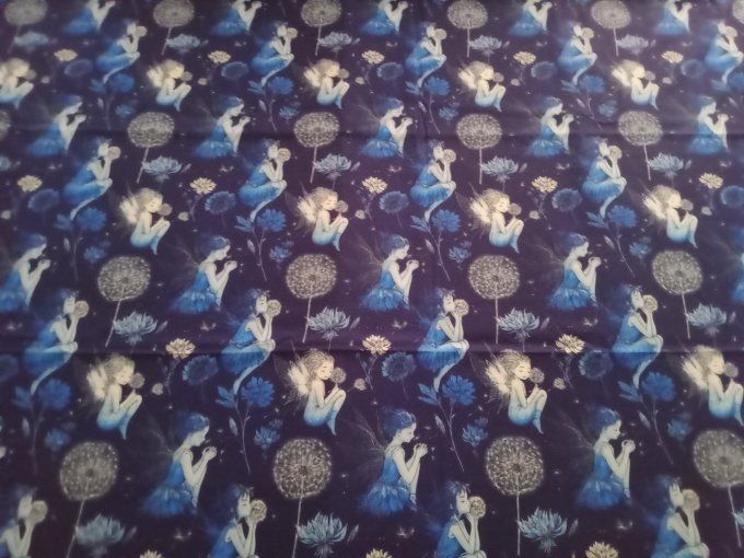 Coupon de tissu imprimé polyester souple et doux motifs fées bleues top qualité