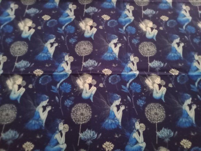 Coupon de tissu imprimé polyester souple et doux motifs fées bleues top qualité