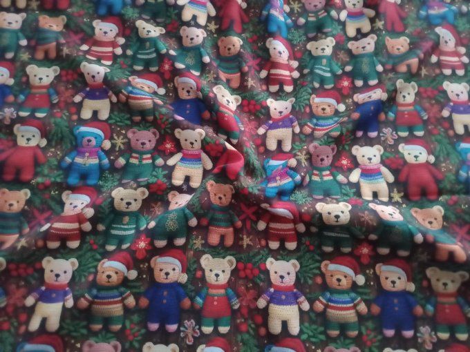 Coupon de tissu imprimé polyester souple et doux motifs oursons multicolores de Noel top qualité