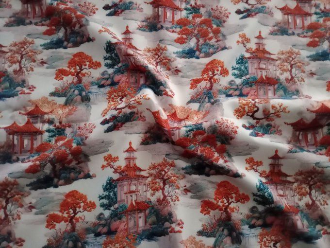 Coupon de tissu imprimé polyester souple et doux motifs paysages asiatiques top qualité