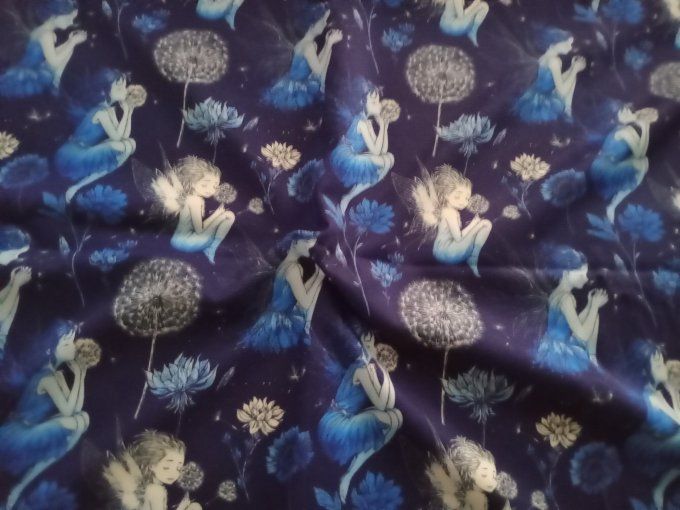 Coupon de tissu imprimé polyester souple et doux motifs fées bleues top qualité