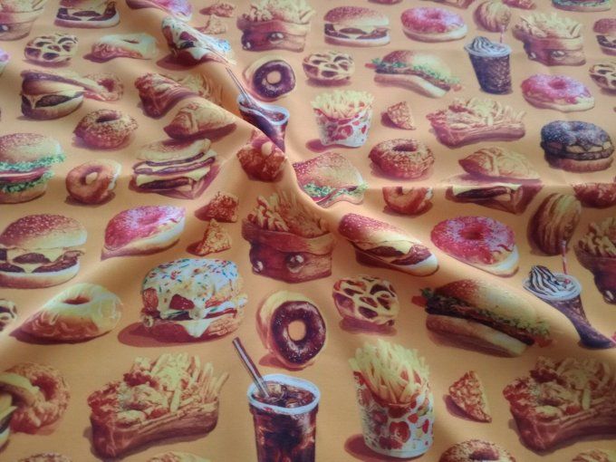 Coupon de tissu imprimé polyester souple et doux motifs fast food top qualité