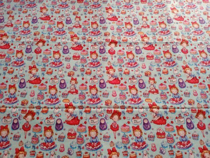 Coupon de tissu imprimé polyester souple et doux motifs fillettes gateaux top qualité