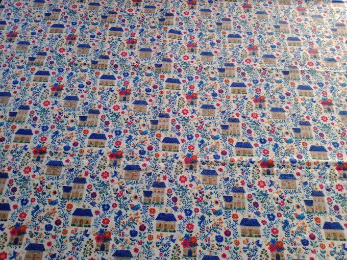 Coupon de tissu imprimé polyester souple et doux motifs maisons fleurs vintage top qualité