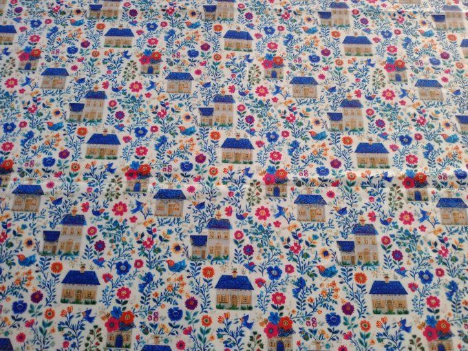 Coupon de tissu imprimé polyester souple et doux motifs maisons fleurs vintage top qualité