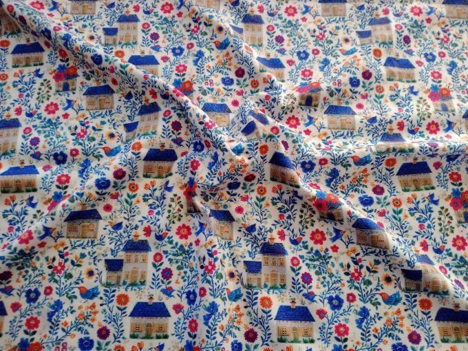 Coupon de tissu imprimé polyester souple et doux motifs maisons fleurs vintage top qualité