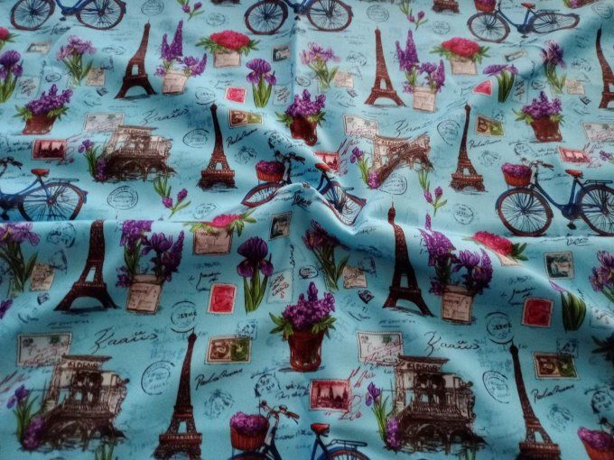 Coupon de tissu imprimé polyester souple et doux motifs Paris Tour Eiffel fleurs vintage top qualité