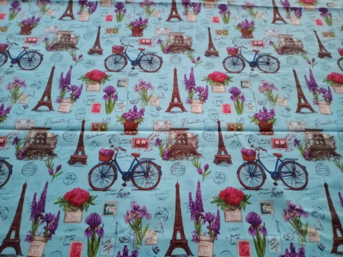 Coupon de tissu imprimé polyester souple et doux motifs Paris Tour Eiffel fleurs vintage top qualité