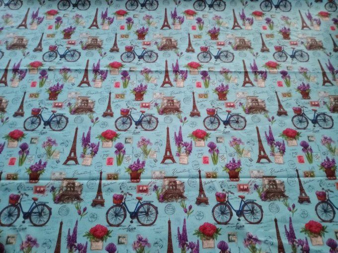 Coupon de tissu imprimé polyester souple et doux motifs Paris Tour Eiffel fleurs vintage top qualité