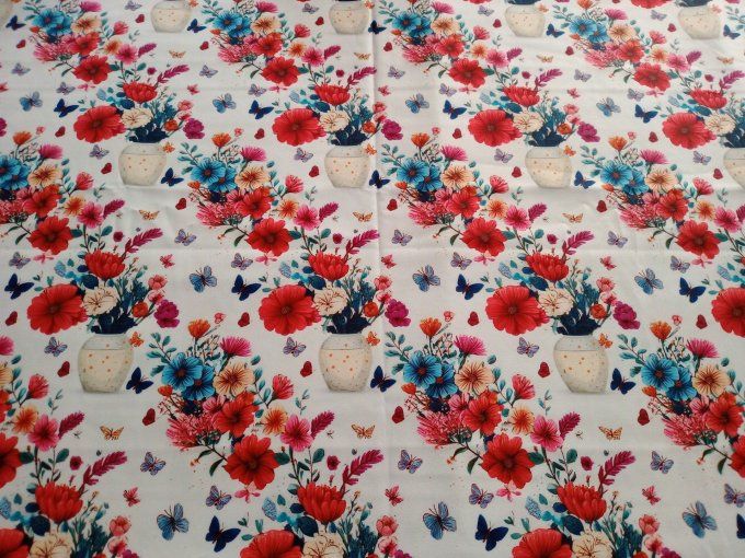 Coupon de tissu imprimé polyester souple et doux motifs vases bouquets fleurs vintage top qualité