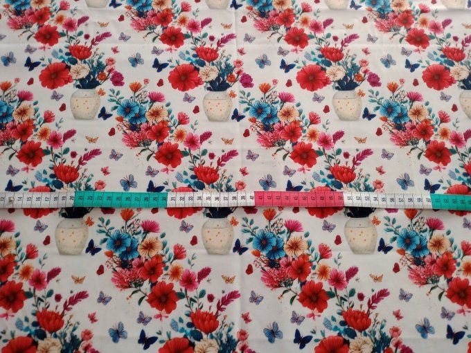 Coupon de tissu imprimé polyester souple et doux motifs vases bouquets fleurs vintage top qualité