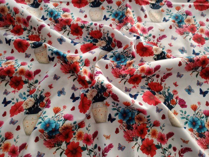 Coupon de tissu imprimé polyester souple et doux motifs vases bouquets fleurs vintage top qualité
